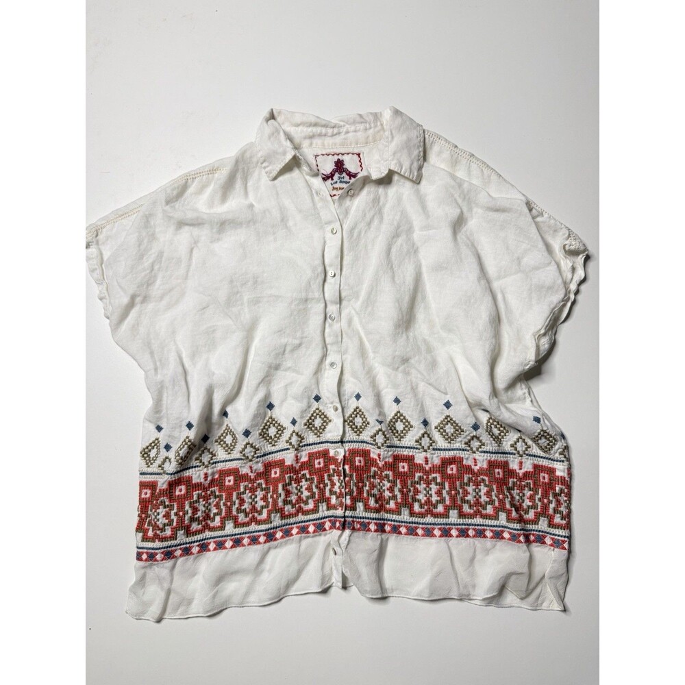 Johnny Was Linen white Embroidered Aztec Boho Short Sleeve Button Down Top XL